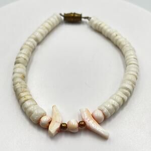 VTG Retro White Puka Clam Shell & Angel Skin Coral Bead Barrel Clasp Bracelet
